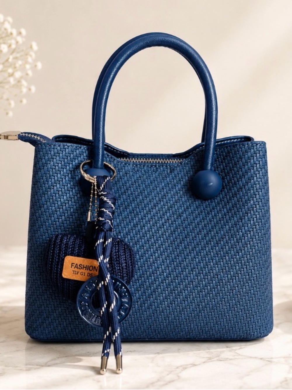 NWT Navy Woven Satchel Handbag with Matching Charm & Shoulder Strap by Sumzen